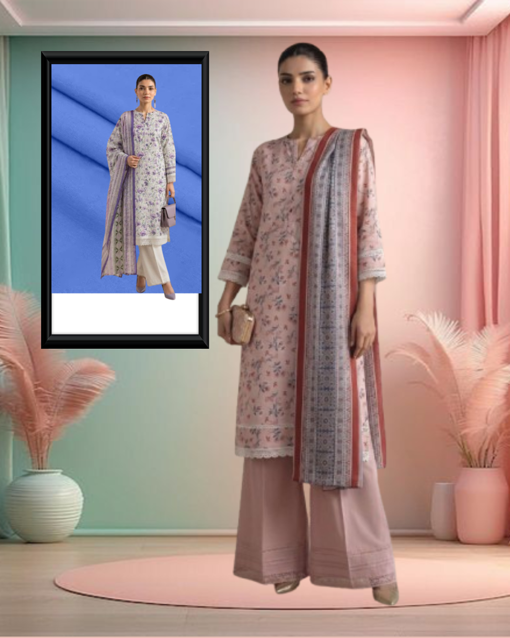 Women's 3 Piece Printed Lawn Suit  Printed Shirt, Printed Dupatta & Dyed Cambric Trouser