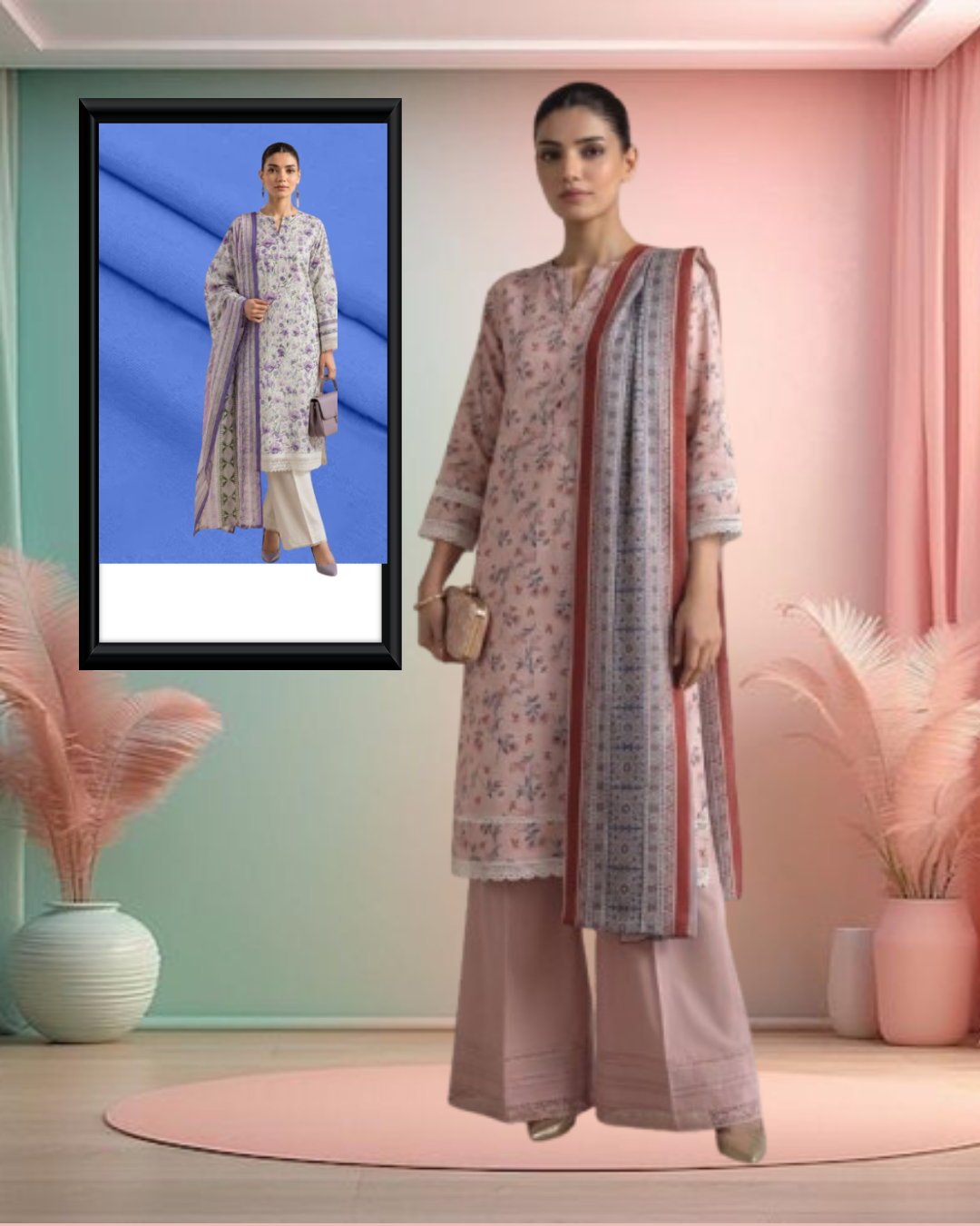 Women's 3 Piece Printed Lawn Suit  Printed Shirt, Printed Dupatta & Dyed Cambric Trouser
