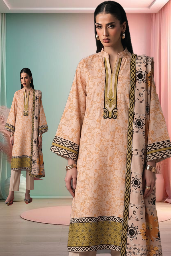Women's 3 Piece Printed Lawn Suit  Printed Shirt, Printed Dupatta & Dyed Cambric Trouser