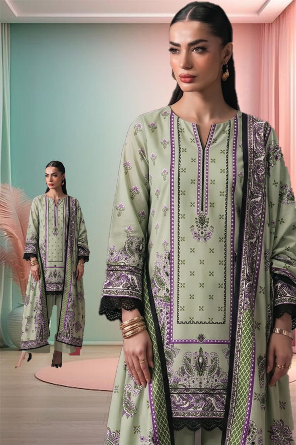 Women's 3 Piece Printed Lawn Suit  Printed Shirt, Printed Dupatta & Dyed Cambric Trouser