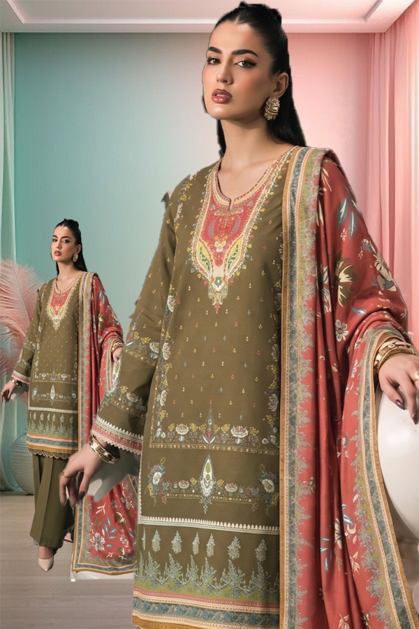 Women's 3 Piece Printed Lawn Suit  Printed Shirt, Printed Dupatta & Dyed Cambric Trouser