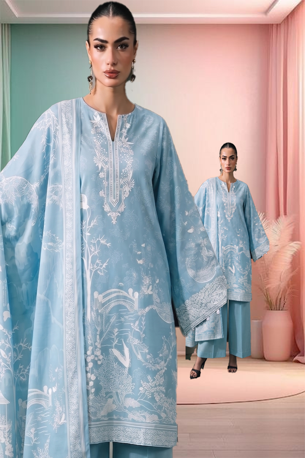 Women's 3 Piece Printed Lawn Suit  Printed Shirt, Printed Dupatta & Dyed Cambric Trouser