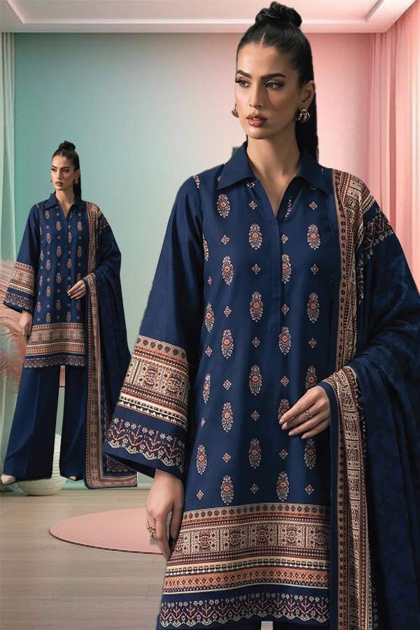 Women's 3 Piece Printed Lawn Suit  Printed Shirt, Printed Dupatta & Dyed Cambric Trouser