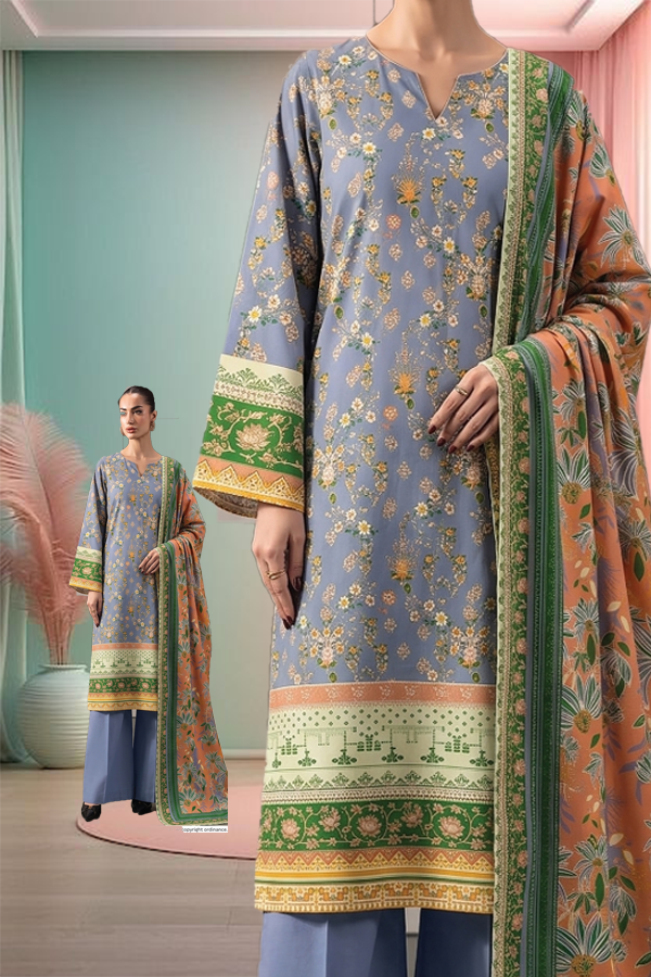 Women's 3 Piece Printed Lawn Suit  Printed Shirt, Printed Dupatta & Dyed Cambric Trouser