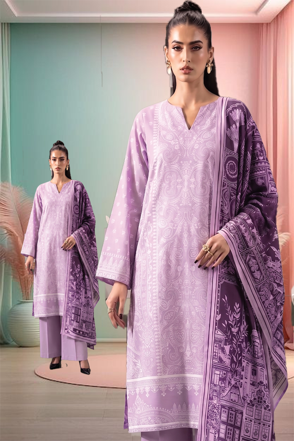Women's 3 Piece Printed Lawn Suit  Printed Shirt, Printed Dupatta & Dyed Cambric Trouser