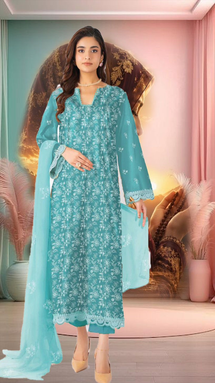 Inspired Women's 3 Piece Embroidered Lawn Suit – Sea Green | Embroidered Lawn Shirt, Chiffon Dupatta & Dyed Trouser