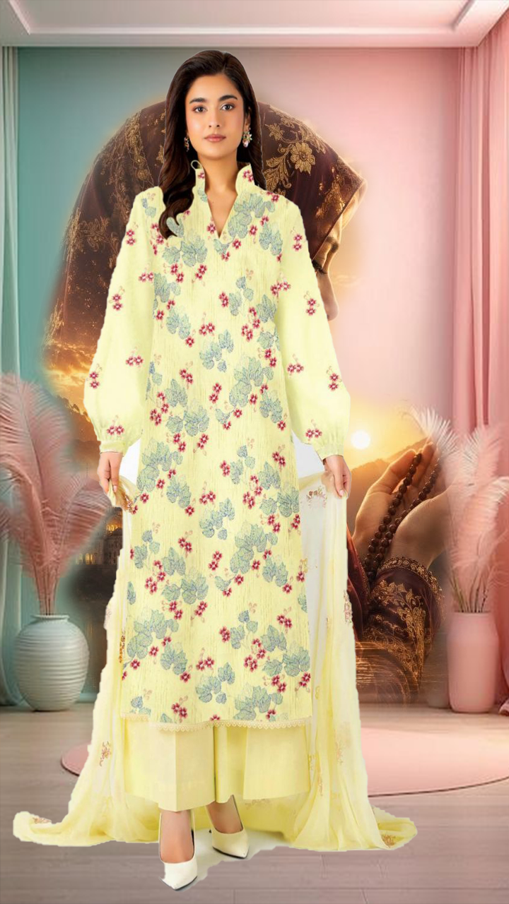 Inspired Women's 3 Piece Embroidered Lawn Suit – Sea Green | Embroidered Lawn Shirt, Chiffon Dupatta & Dyed Trouser