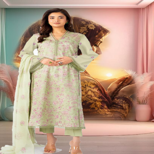 Inspired Women's 3 Piece Embroidered Lawn Suit – Sea Green | Embroidered Lawn Shirt, Chiffon Dupatta & Dyed Trouser