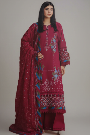 Red embroidered traditional outfit with a matching dupatta on a white background