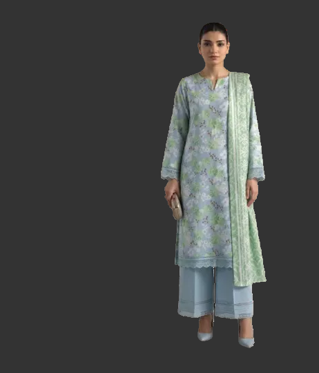 A woman modeling a traditional three-piece outfit consisting of a light blue-green printed kurta, matching wide-leg trousers, and a green patterned dupatta, set against a plain white background.