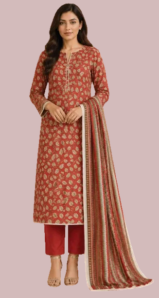 A woman modeling a traditional Indian salwar kameez set featuring a rust-red kurta with beige floral prints, matching red pants, and a striped dupatta with a beige border, set against a plain white background.