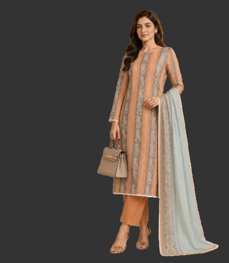 A woman modeling a traditional Indian salwar kameez set featuring a beige and orange striped kurta, brown trousers, and a light blue dupatta with gold borders, holding a beige handbag against a white background.