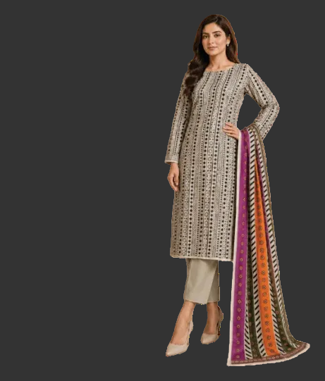 A woman modeling a traditional three-piece salwar kameez set featuring a beige kurta with black geometric patterns, beige trousers, and a vibrant multicolor dupatta with purple, orange, and green stripes.