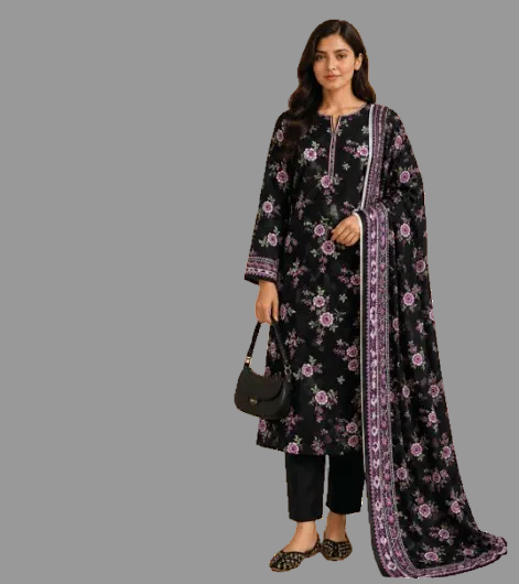 A woman modeling a black three-piece ethnic suit set featuring a floral print in pink and purple, with a matching dupatta and black pants, set against a plain white background.