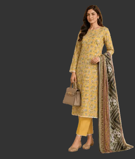 A woman modeling a mustard yellow printed salwar kameez suit with matching yellow trousers and a patterned dupatta, holding a brown handbag against a plain white background.