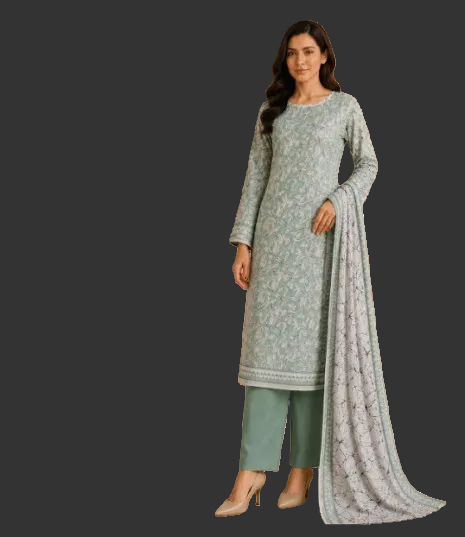 A woman modeling a traditional Indian salwar kameez set in sage green, featuring a long-sleeved printed kameez, matching pants, and a draped dupatta, set against a plain white background.